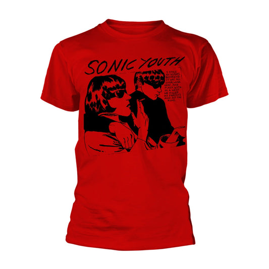 Red t-shirt with black and white Sonic Youth “Goo” album cover art.