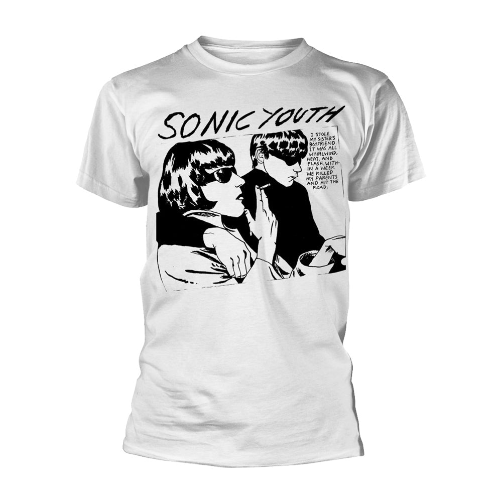 White t-shirt displaying the Sonic Youth “Goo” album cover artwork.