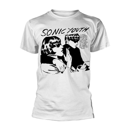 White t-shirt featuring the black and white cover art of Sonic Youth’s “Goo.”
