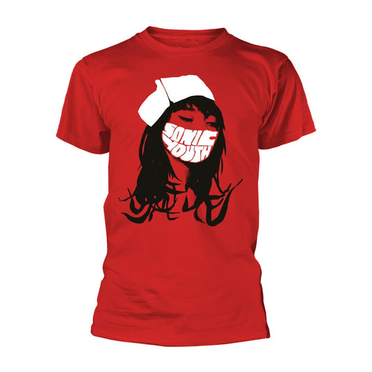 Red t-shirt with a white nurse hat and black graphic print.