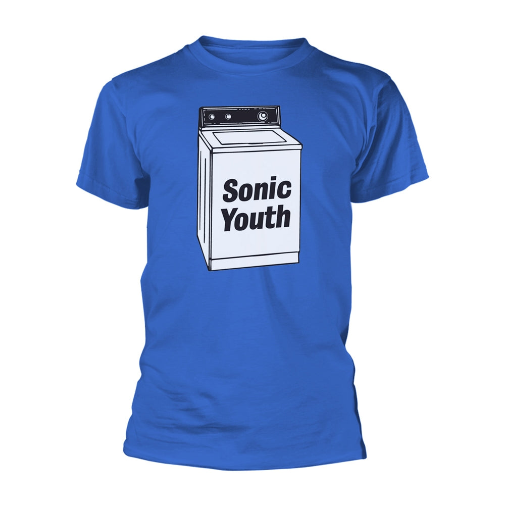 Blue t-shirt with a graphic of a washing machine and “Sonic Youth” text.