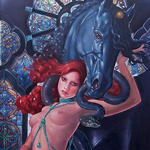Album cover depicting a black horse, red-haired woman, and snakes.