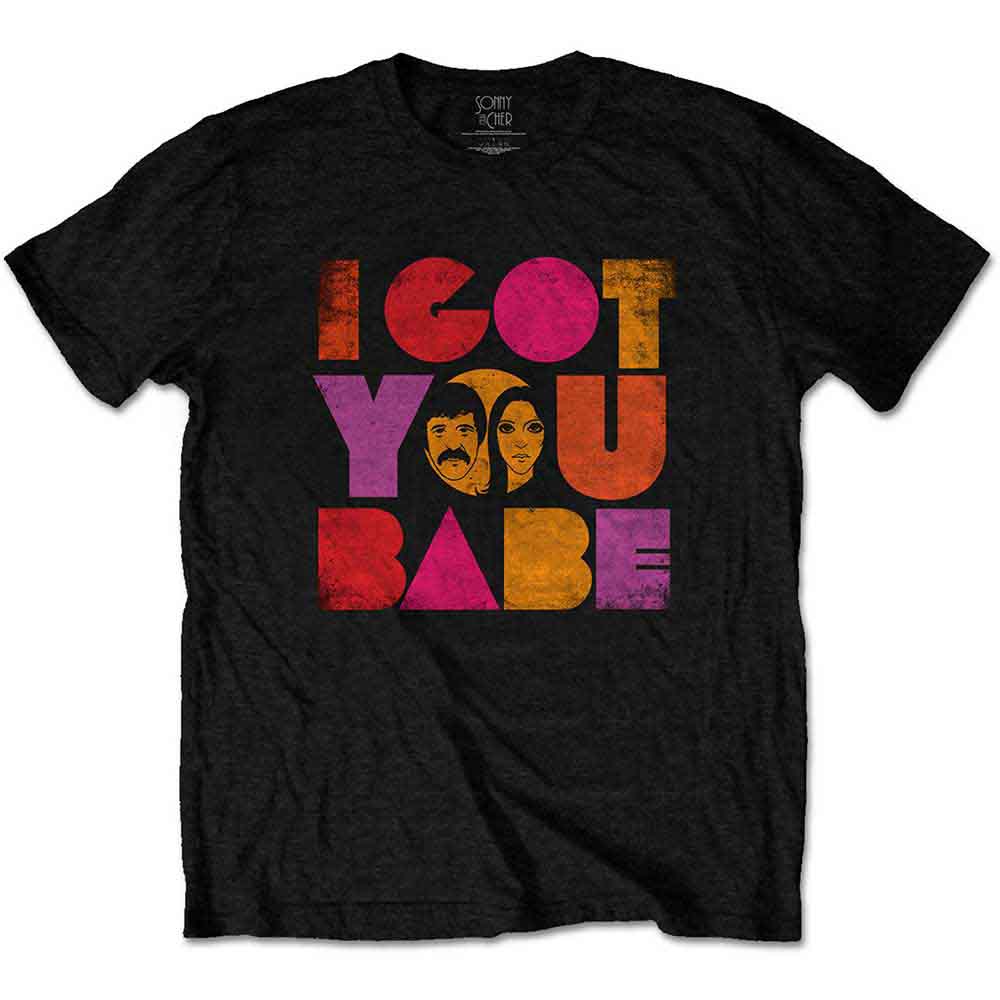 Black t-shirt with “I Got You Babe” and Sonny & Cher imagery.