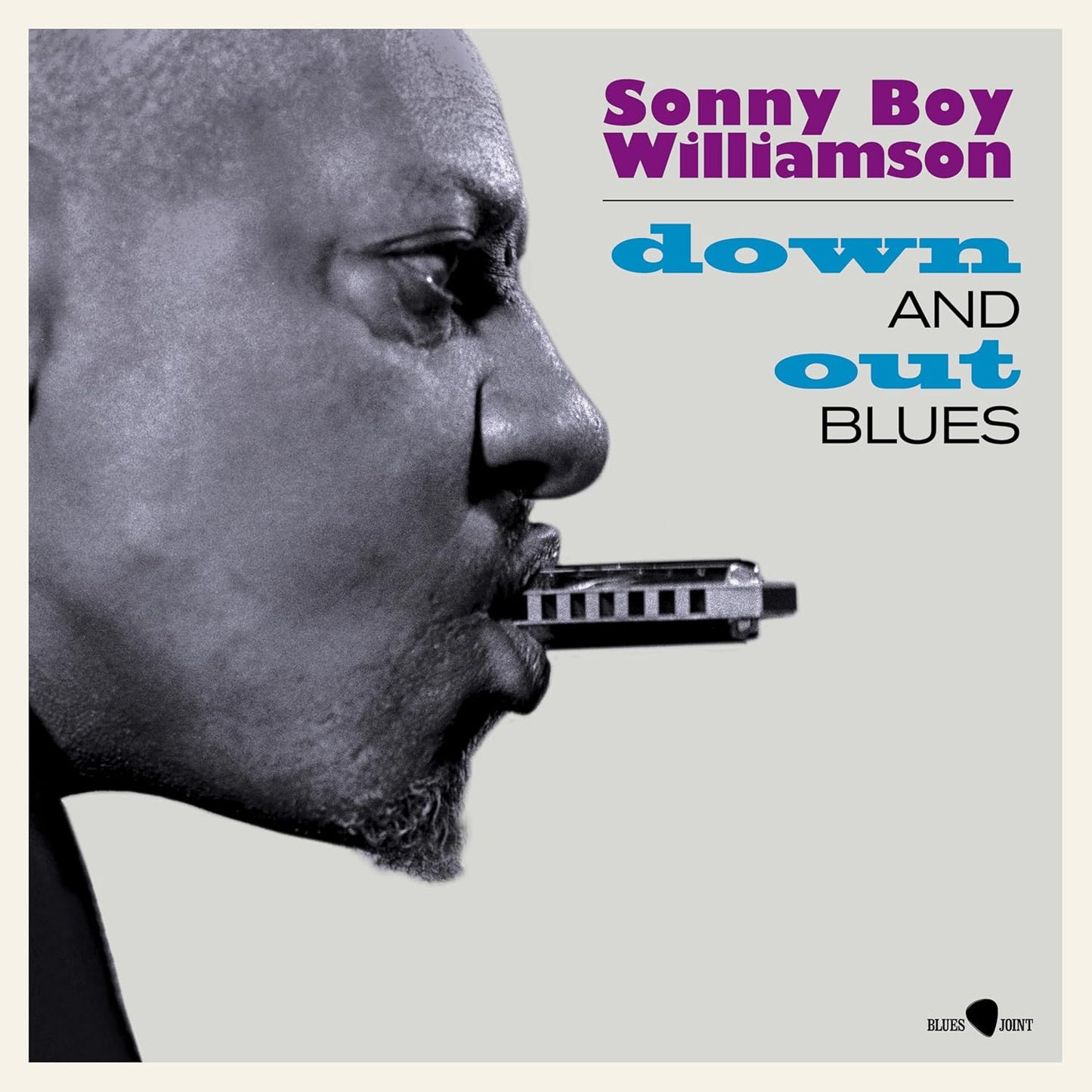 Profile view of Sonny Boy Williamson playing a harmonica on a light gray background.