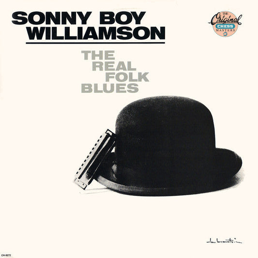 Album cover for Sonny Boy Williamson's "The Real Folk Blues" with a hat and harmonica.