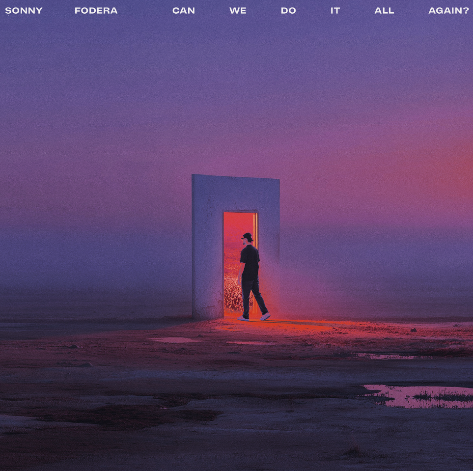 A person walks through a glowing doorway in a dark, purple, misty landscape.