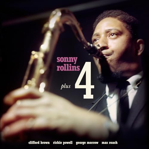 Sonny Rollins playing a saxophone on the cover of his Plus 4 album.