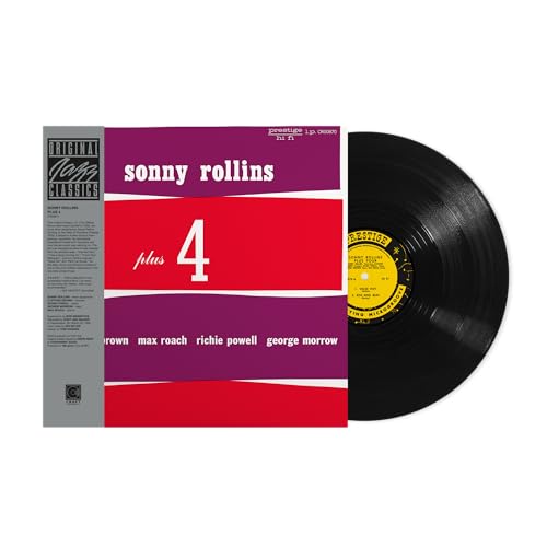 Sonny Rollins “Plus 4” vinyl record with red and purple album cover.