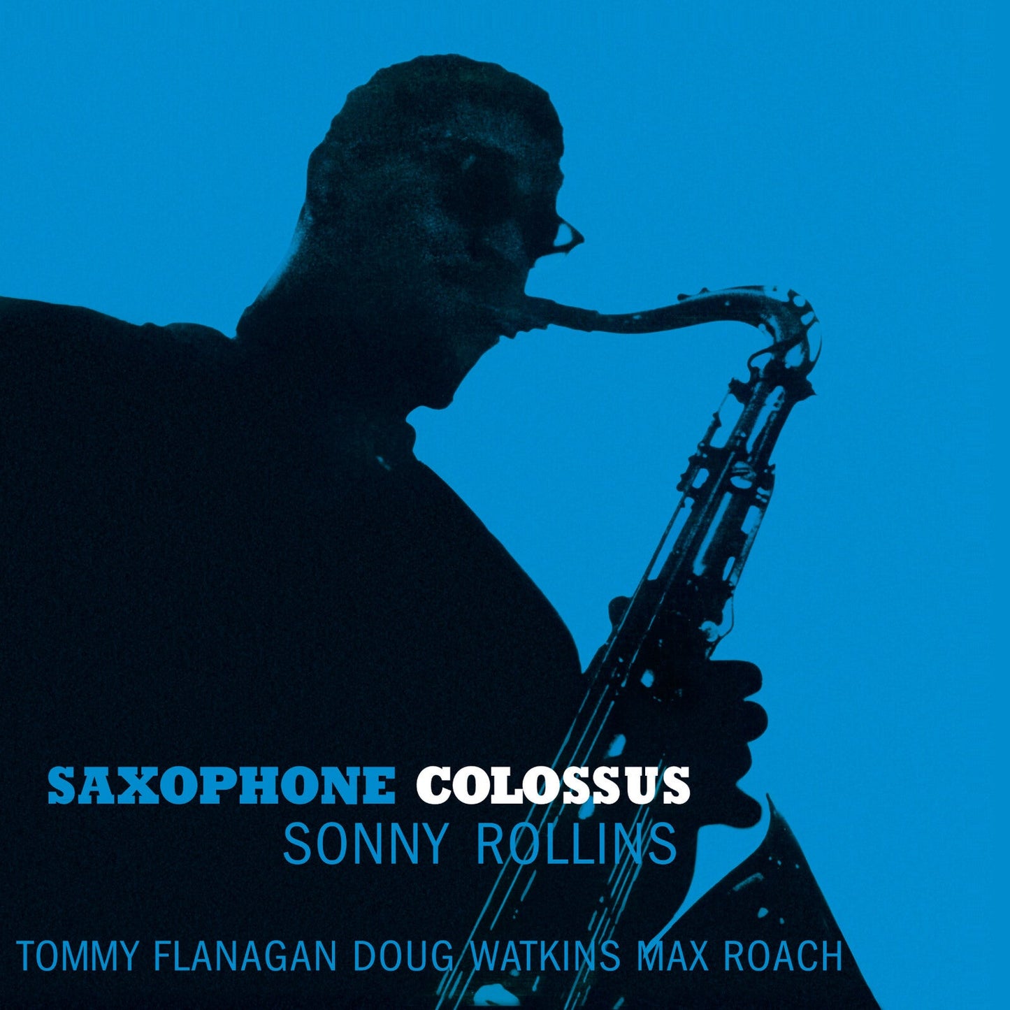 A silhouette of Sonny Rollins playing a saxophone against a solid blue background.