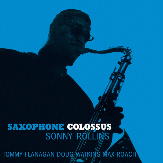 A silhouette of Sonny Rollins playing a saxophone against a solid blue background.