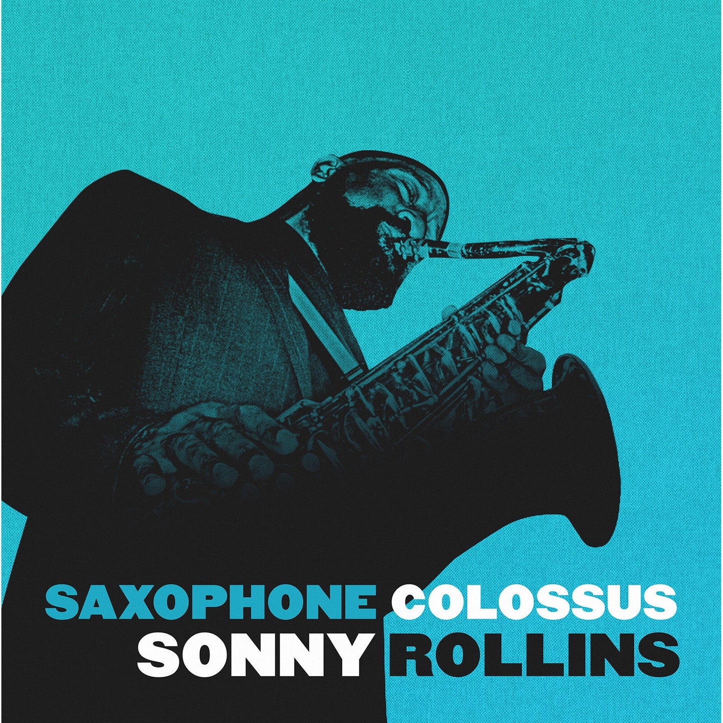 Sonny Rollins portrait playing saxophone on album cover, blue background.