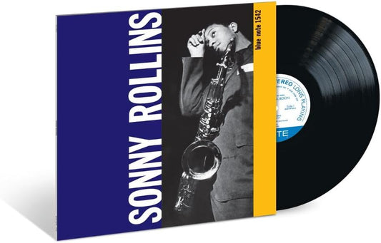 Sonny Rollins album cover with a saxophone player and vinyl record.