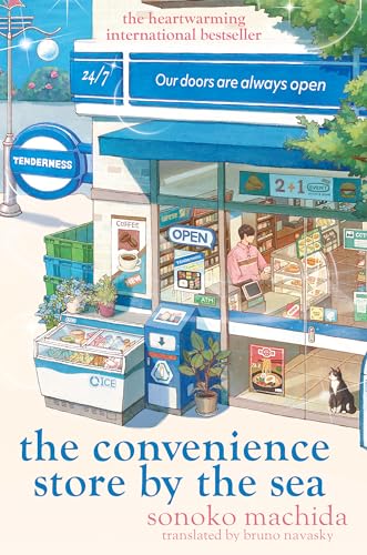 Book cover: illustrated convenience store with a customer and cat outside.