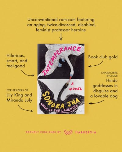 Book cover: “Intemperance” by Sondra Jha, featuring a black and white swan.