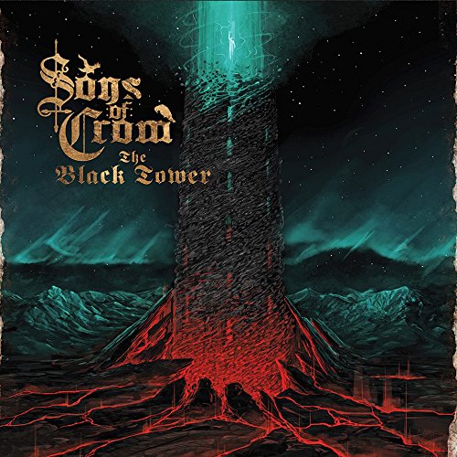 Dark fantasy album cover with a tall, textured tower and fiery landscape.