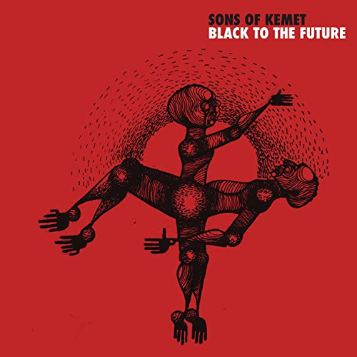 Red album cover with black illustration of intertwined figures in motion.