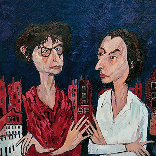 Painting of two figures with a city skyline in the background.