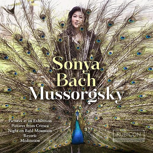 CD cover: Sonya Bach, Mussorgsky, with a vibrant peacock display.
