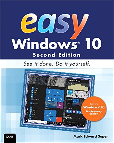 "Book cover with 'easy Windows 10' title, Windows 10 screenshot, and author's name."