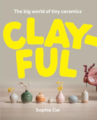 Book cover with colorful "Clayful" title and miniature ceramic vases.