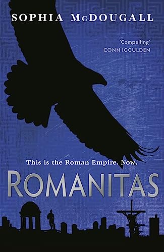 Book cover: “Romanitas” with an eagle silhouette over a Roman cityscape.