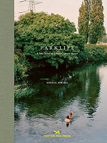 Book cover: person swimming with dog in a London park river.