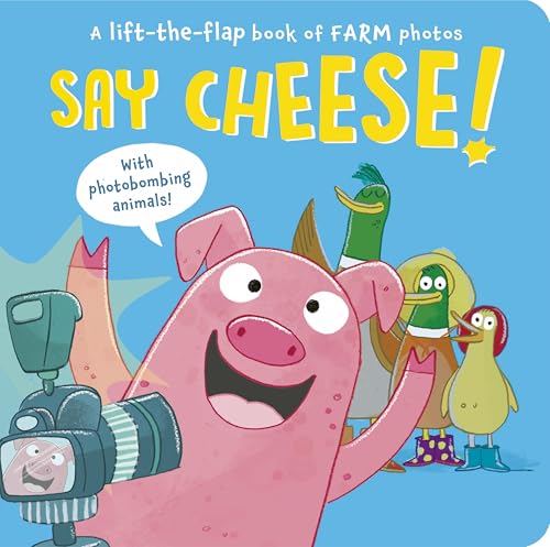 Cartoon pig taking a photo of ducks, book cover illustration.