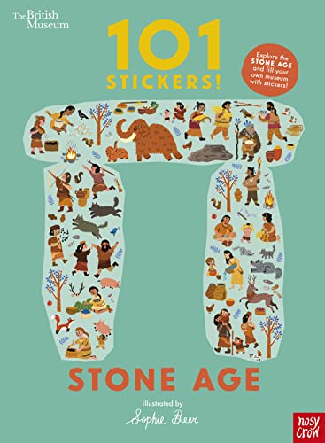 Book cover with illustrated Stone Age scenes and sticker imagery.
