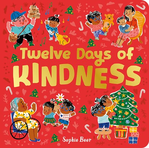 Children performing kind acts illustrated on a red, festive book cover.