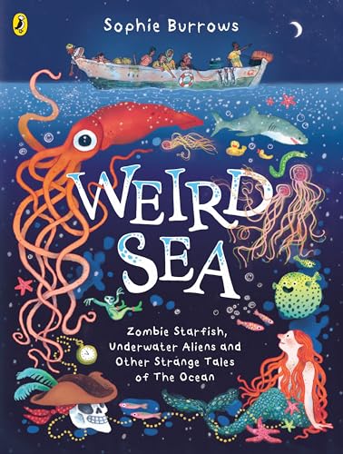 Book cover depicting fantastical sea creatures and a boat of people.