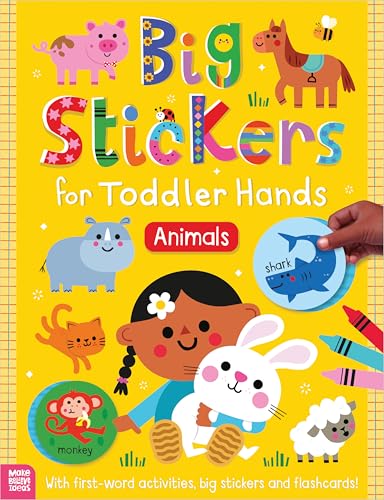 Yellow cover of Big Stickers for Toddler Hands: Animals book featuring illustrated animal characters.