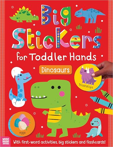 Colorful sticker book cover featuring cartoon dinosaurs and a child’s hand.