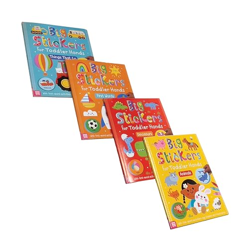 Four colorful sticker books for toddlers, arranged diagonally on white.