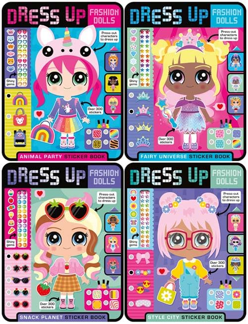 Four sticker books featuring diverse dolls with changeable outfits.