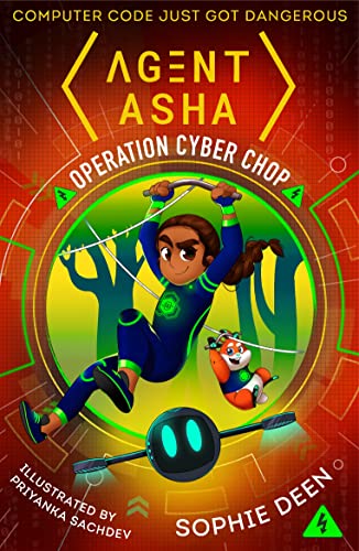 Book cover featuring Agent Asha, a sidekick, and a robot against a red background.