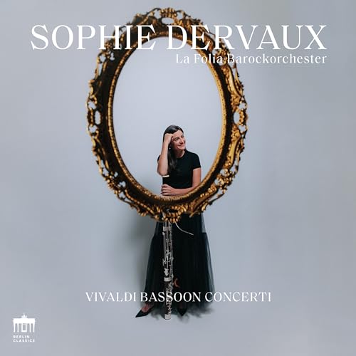 Woman with bassoon framed by ornate gold mirror, album cover.
