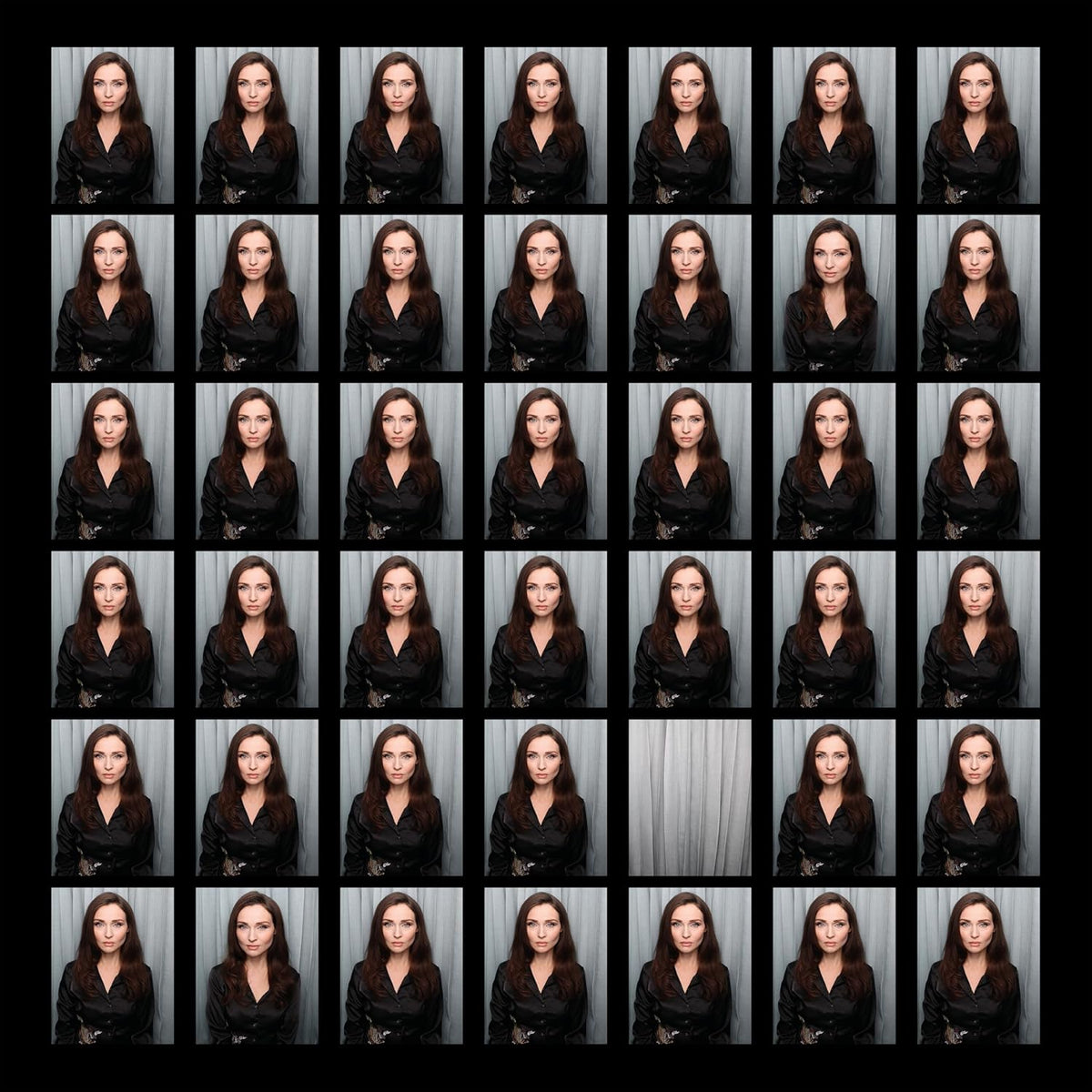 Grid of repeated portrait photos of Sophie Ellis-Bextor in black satin.