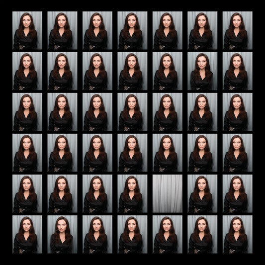 Grid of repeated portrait photos of Sophie Ellis-Bextor in black satin.