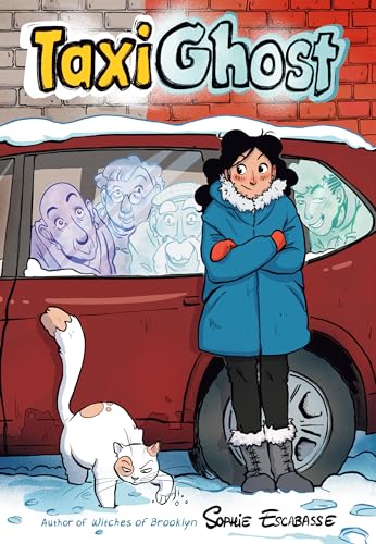 “Taxi Ghost” graphic novel cover: girl, cat, and ghostly passengers in a car.
