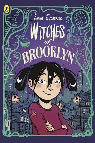 Book cover: “Witches of Brooklyn” with a girl and city skyline.