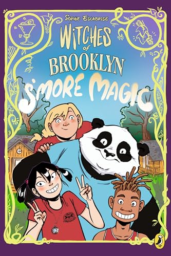 Book cover showing two girls and a panda mascot in front of wooden cabins.