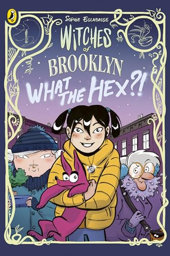 Book cover: “Witches of Brooklyn” with girl, pink creature, and city background.