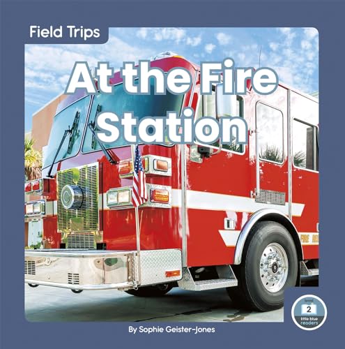 Red fire truck with ladder, book cover titled "At the Fire Station.