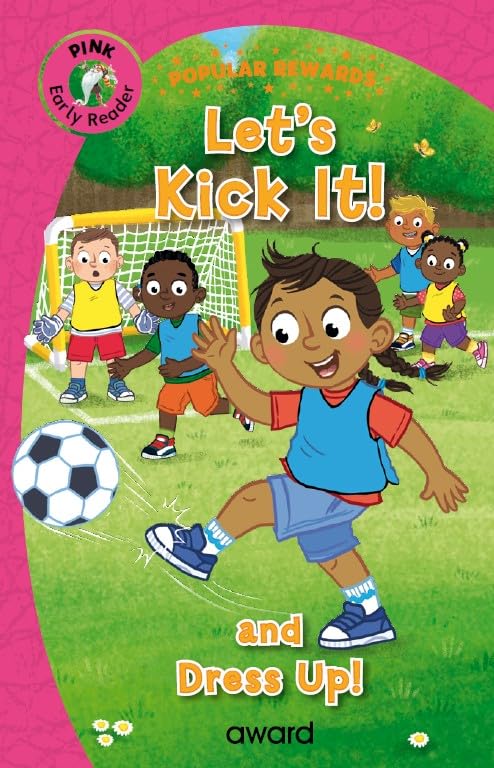 Children playing soccer on a green field, with one child kicking a ball.