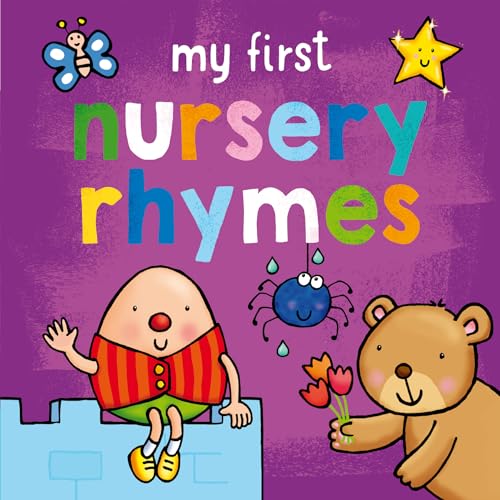 Book cover with colorful text, Humpty Dumpty, a bear, and a spider.