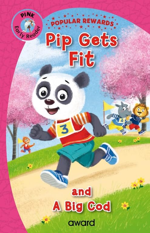 Panda running a race with other animals, book cover illustration.