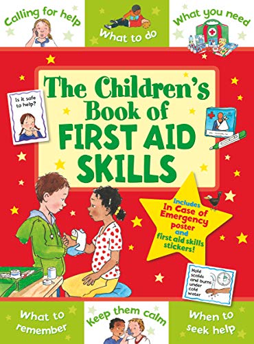 Children’s first aid book cover with illustrations of kids and medical supplies.