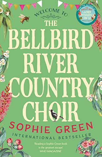 Book cover with green background, floral illustrations, a bee, a bird, and bold text.