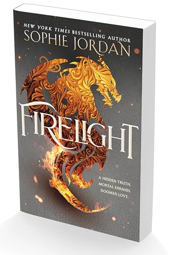 Book cover for "Firelight" featuring a golden, ornate dragon design.
