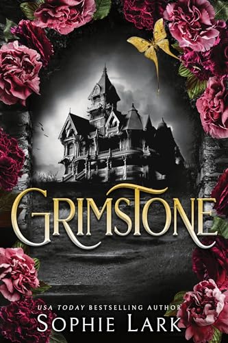 Book cover: haunted house framed by dark roses and a yellow butterfly.